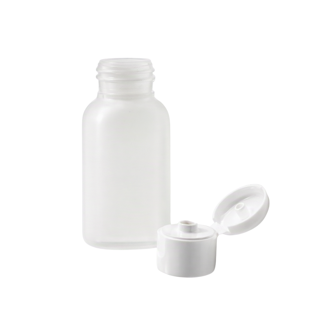 A clear 50ml plastic bottle with a white flip lid in front