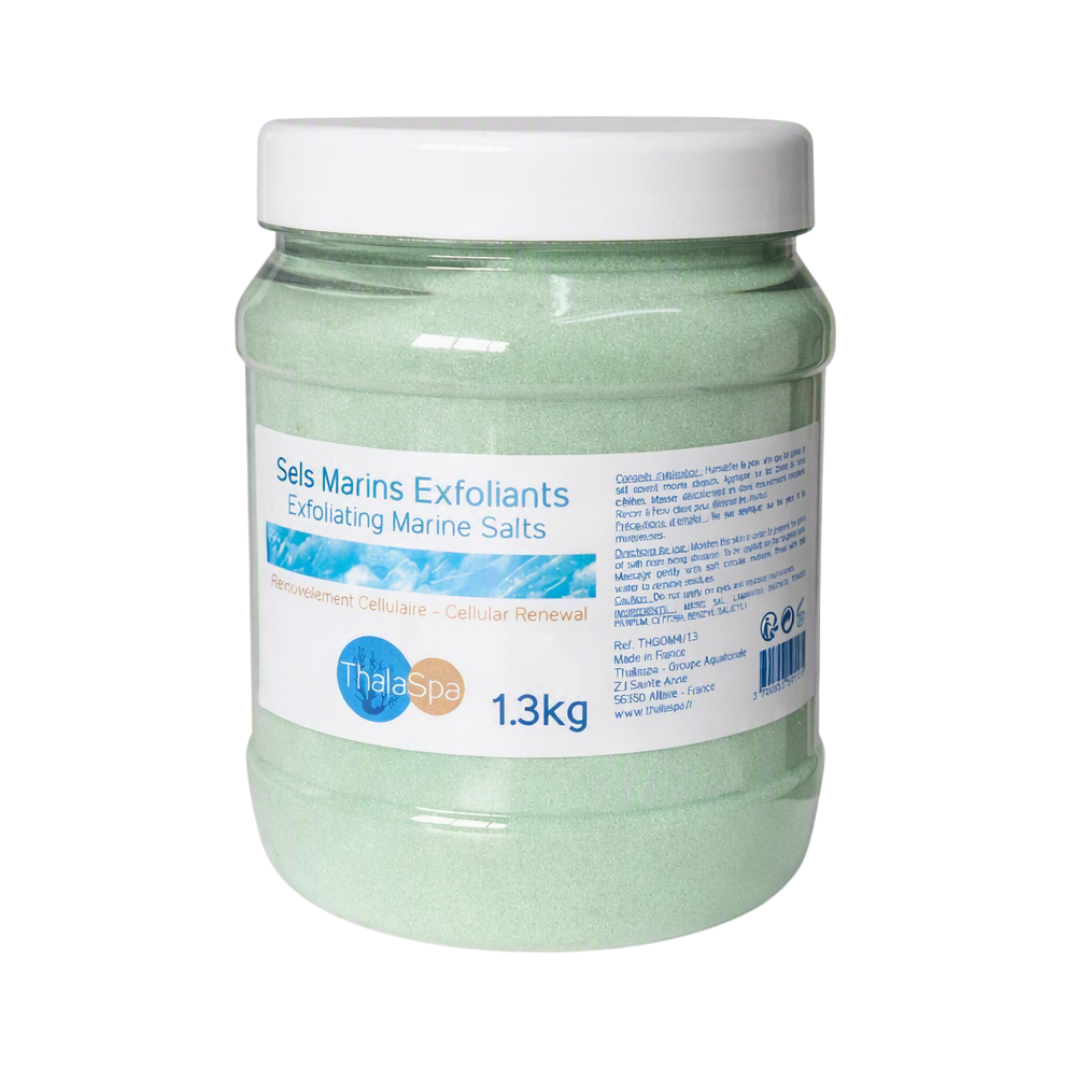 Light Green Exfoliating Marine Salts 1.3kg in a clear container with white lid and Thalaspa branding