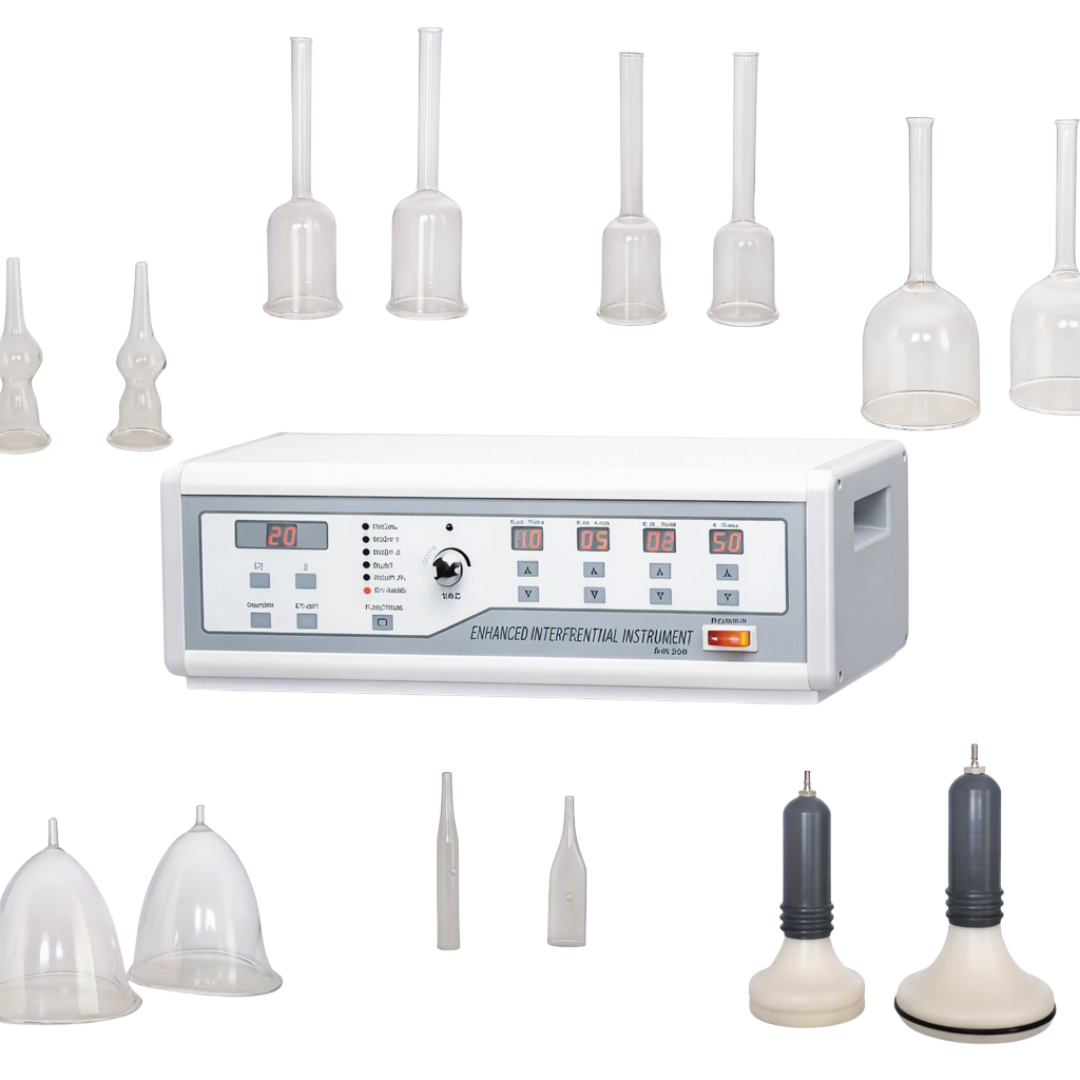 A vacuum suction machine with various sized clear plastic cups and two applicator devices, designed for body slimming and body vacuum treatments.