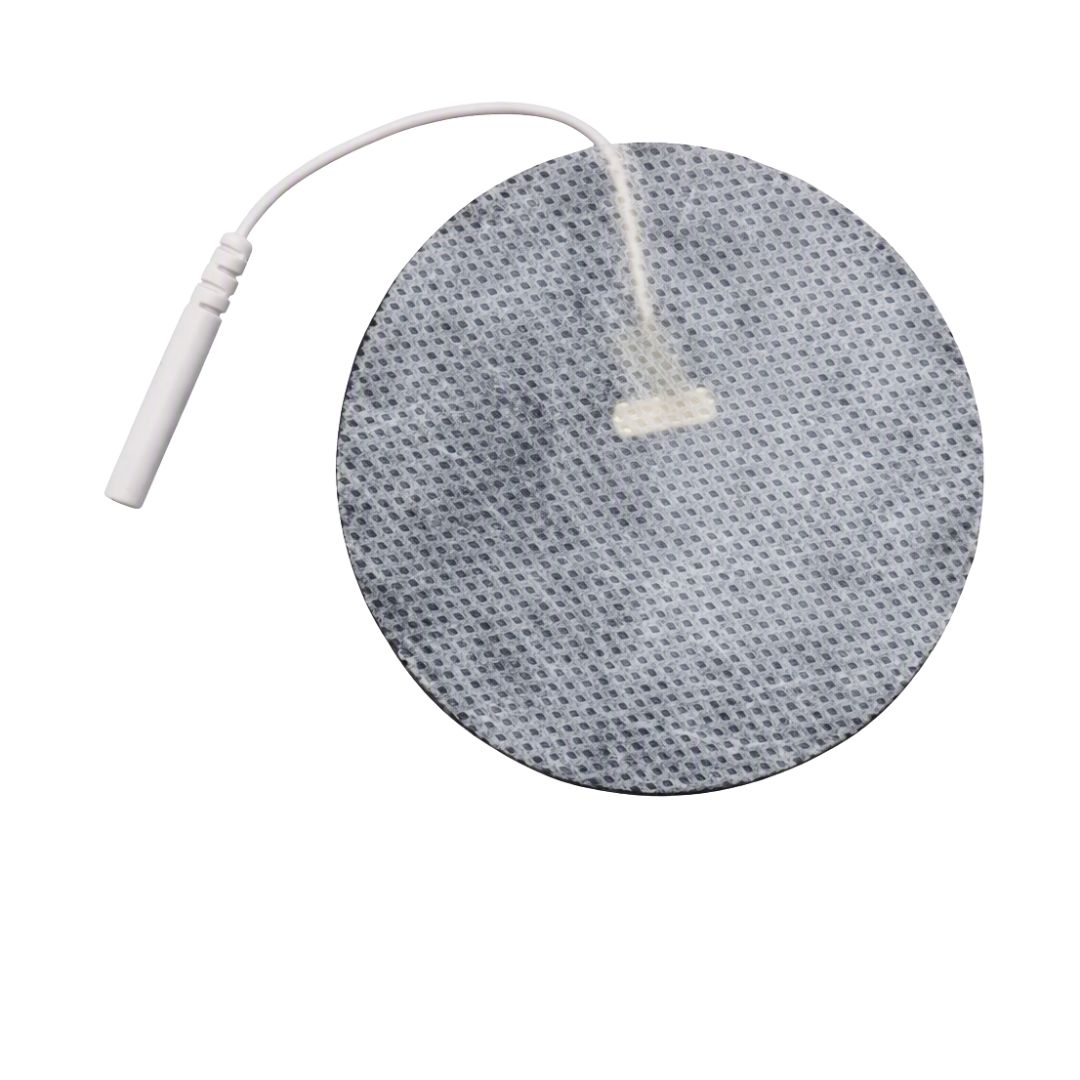 A round gray electrode pad with a white connecting wire and connector, shown on a plain white background.