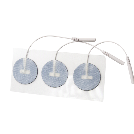 Small re-usable stick-on electrode pads with white wires and plug adaptor