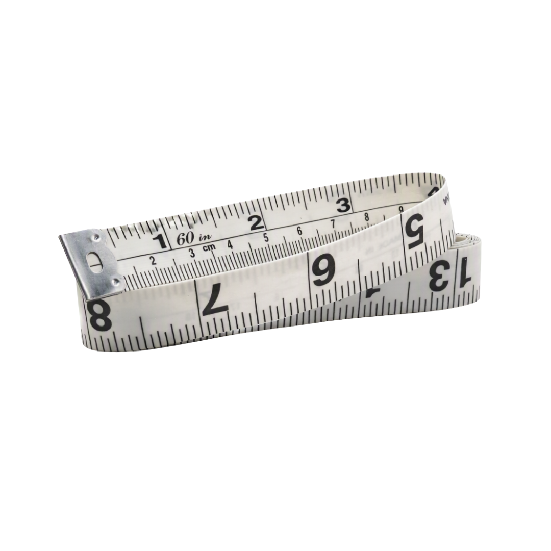 A white tape measure with black printed inch and centimeter markings, coiled on a plain white background.