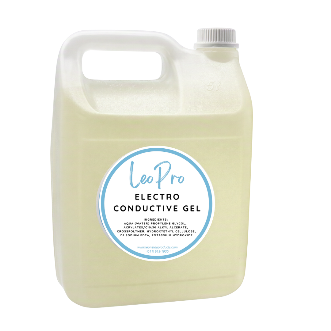 5 liter Can containing off-white electro-conductive gel with white LeoPro label on white background