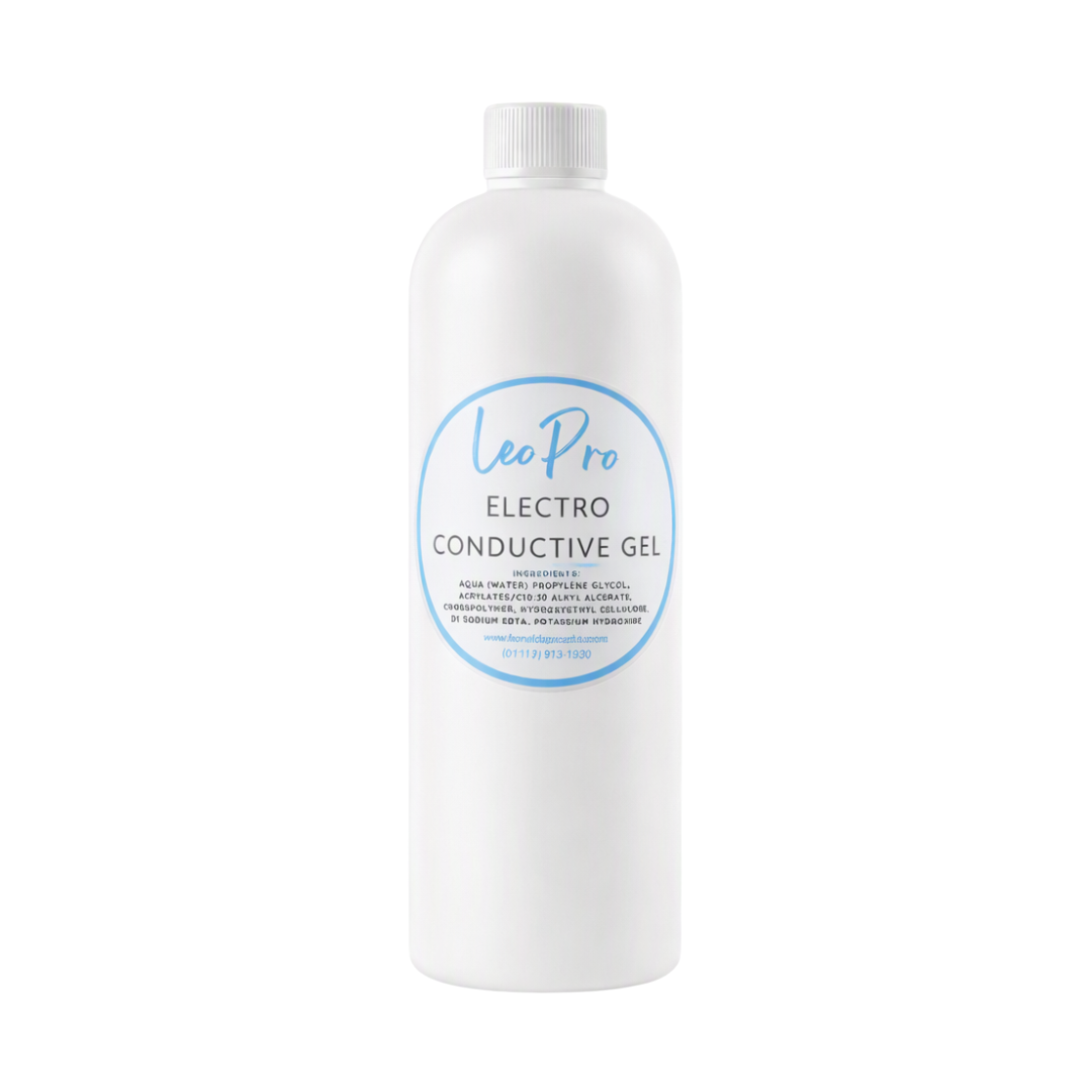 500ml White Bottle containing electro conductive gel with a LeoPro label on a white background