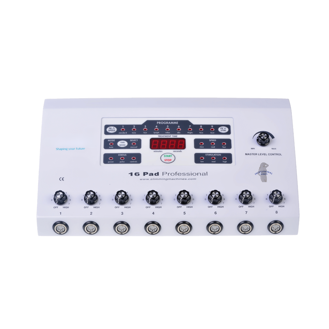 A white 16-pad professional electrical stimulator device with multiple black rotary knobs, a digital display screen, and a power switch on a clean white background.