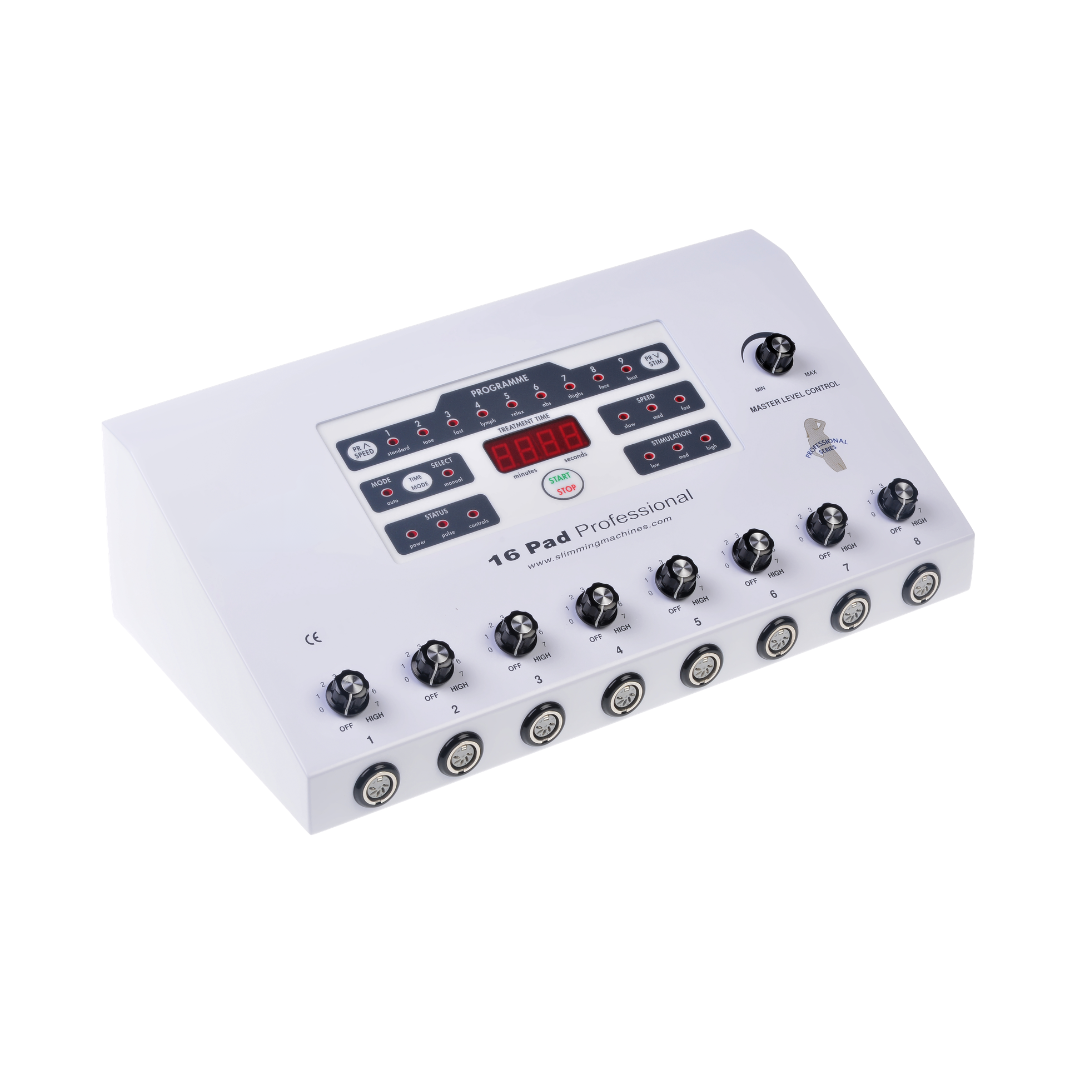A white 16-pad professional TENS unit electronic device with a digital display screen, red LED numbers, and multiple black rotary knobs on the front panel, set against a plain white background.