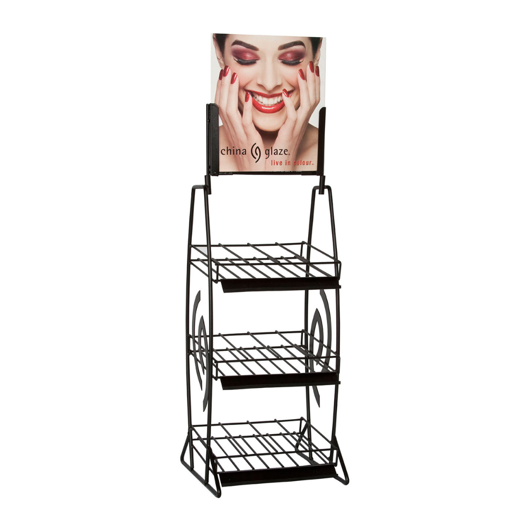 Black metal display rack with a China Glaze nail polish advertisement on a white background