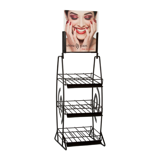 Black metal display rack with a China Glaze nail polish advertisement on a white background