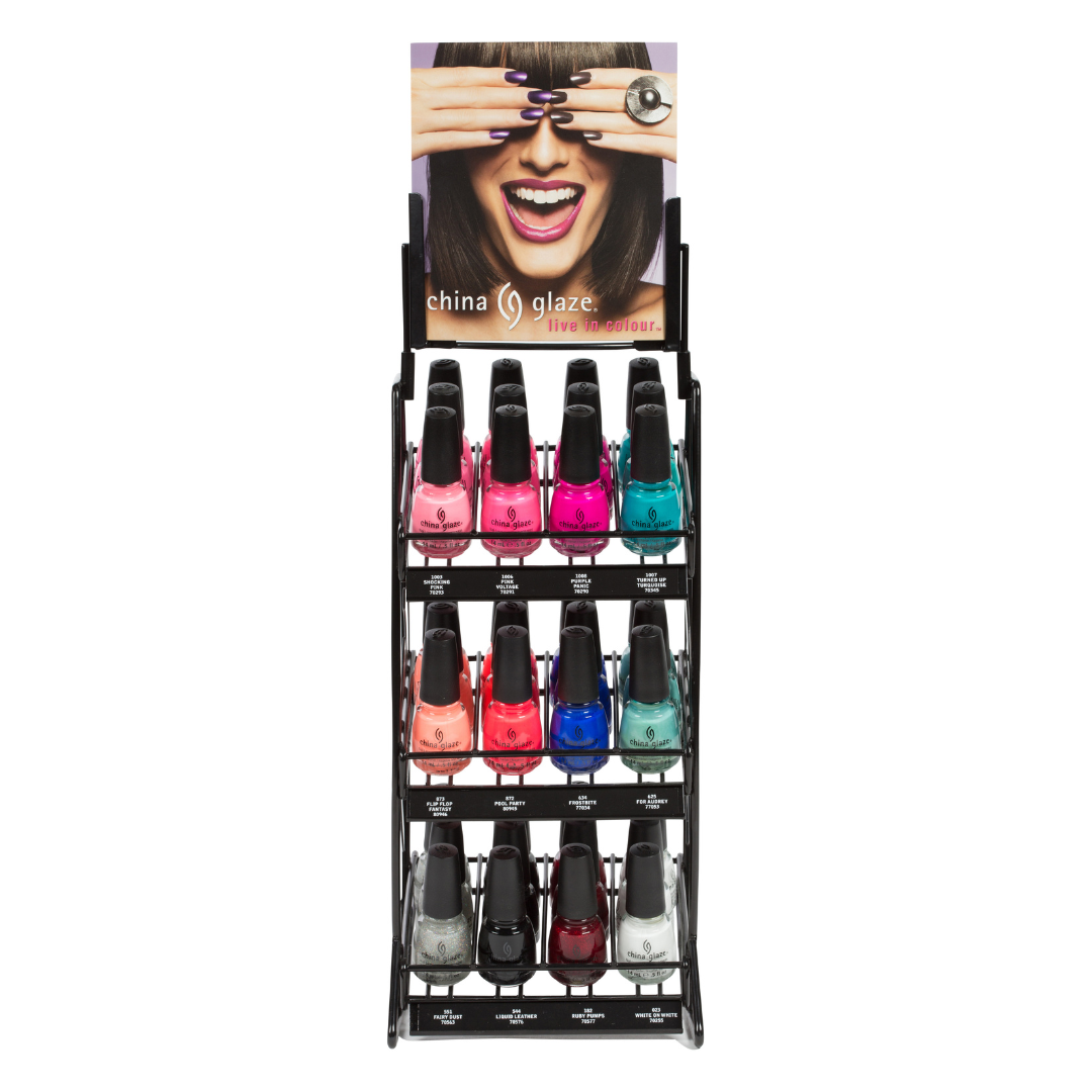 36 Piece Nail Polish Display of China Glaze nail polish bottles with a promotional poster above on a white background