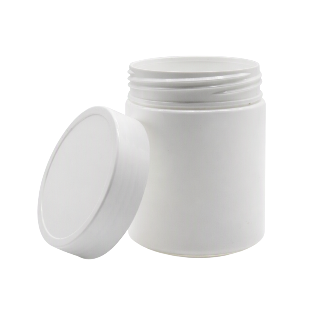A white 500ml plastic jar with a threaded neck and a separate white lid leaning against it, shown on a plain white background.