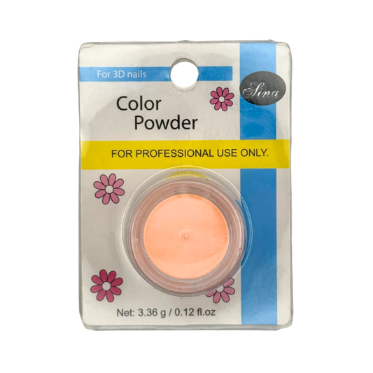 Packaging of color powder for 3D nails with a pinkish-orange powder visible through a clear window.
