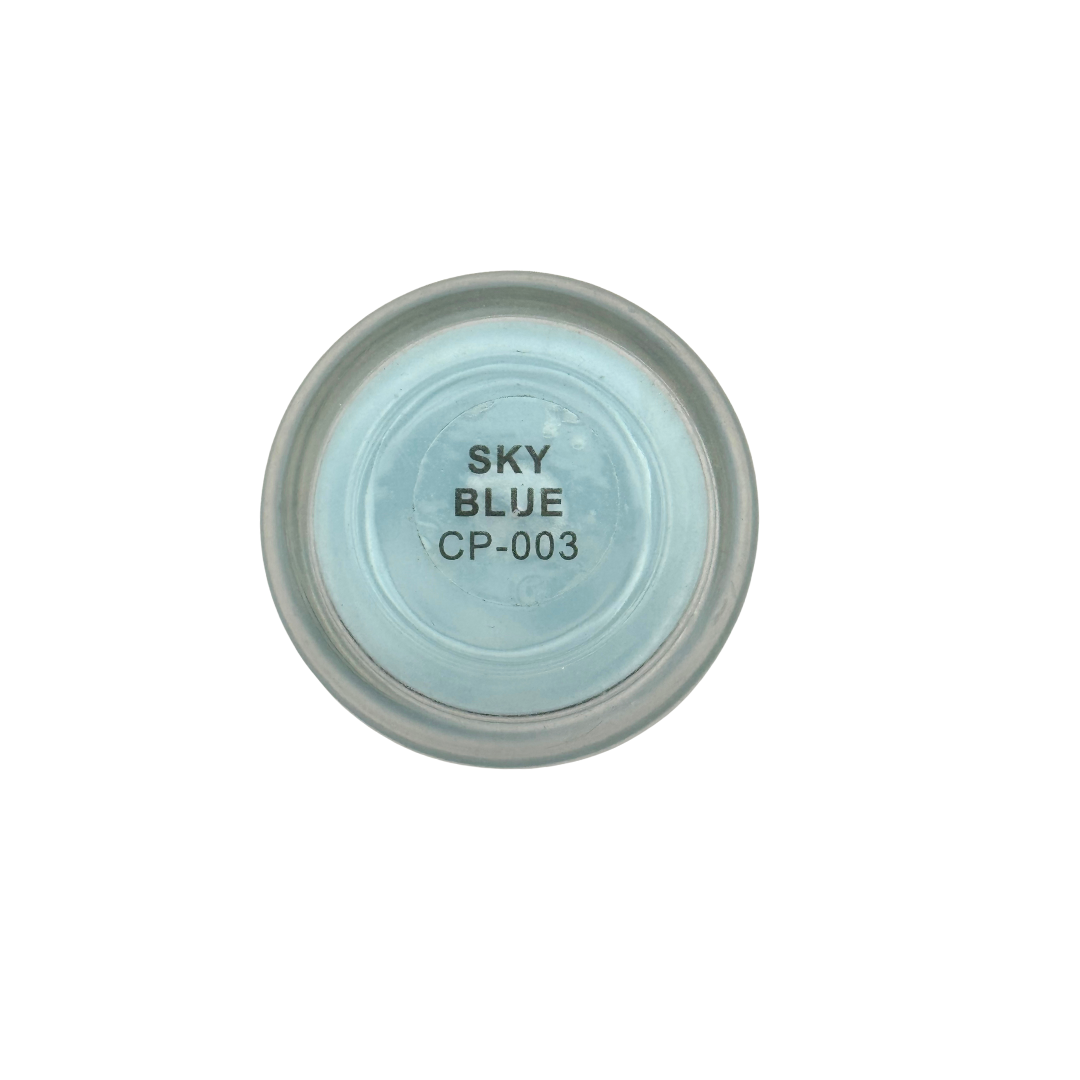 Sky blue acrylic powder swatch with 'SKY BLUE CP-003' label on a white background