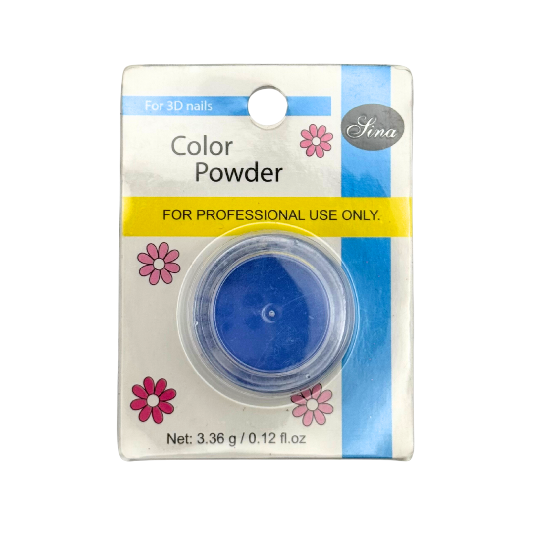 Nail acrylic powder packaging with blue powder in a small container, on a white background.