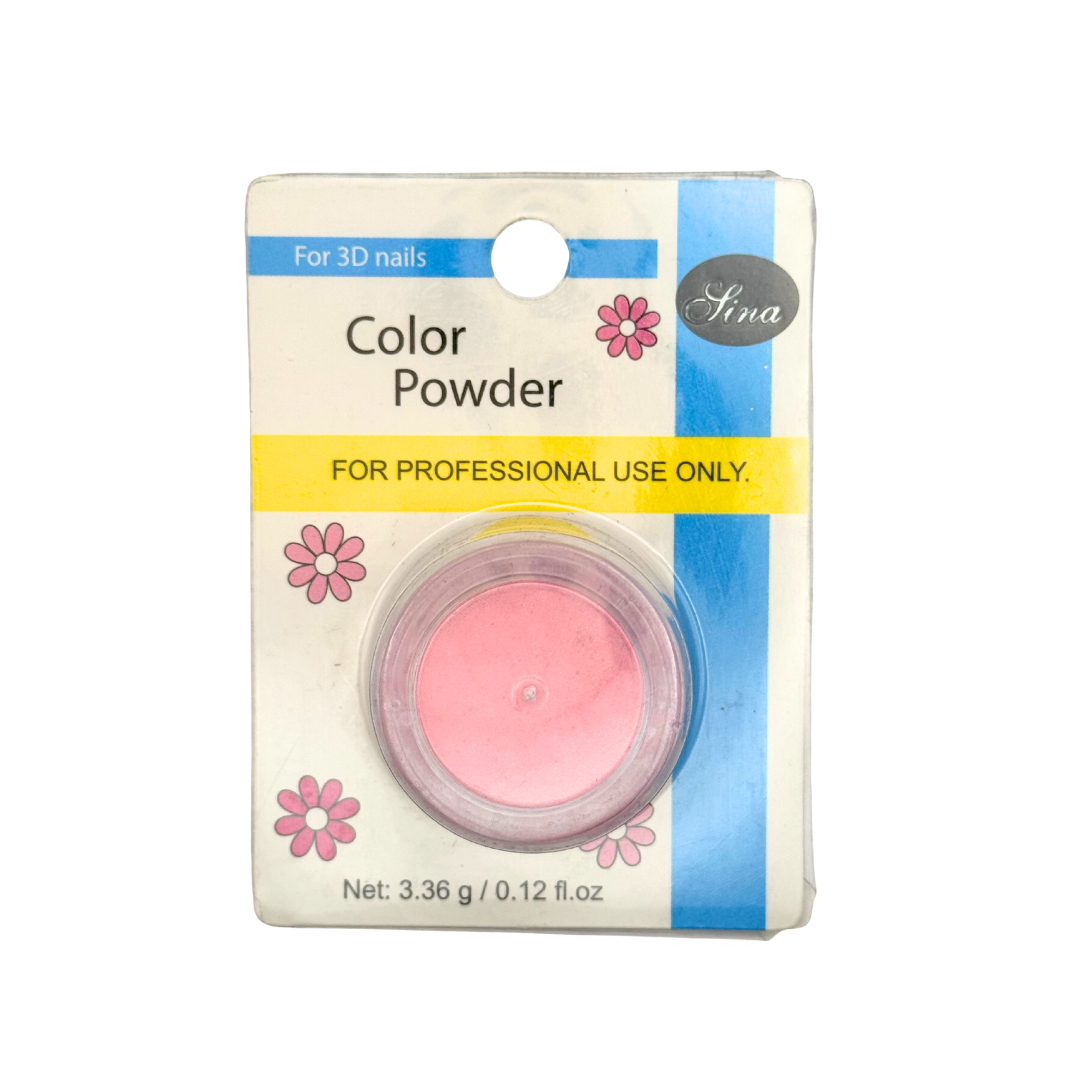 Acrylic Color powder packaging with pink powder visible, on a white background