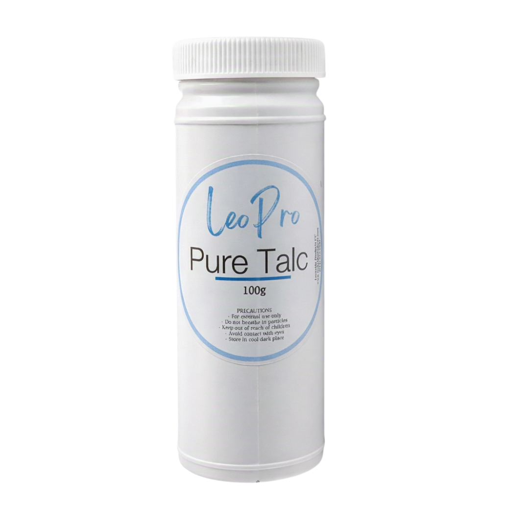 LeoPro Pure Talc 100g in a white shaker bottle with screw on lid, on a white background