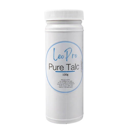 LeoPro Pure Talc 100g in a white shaker bottle with screw on lid, on a white background