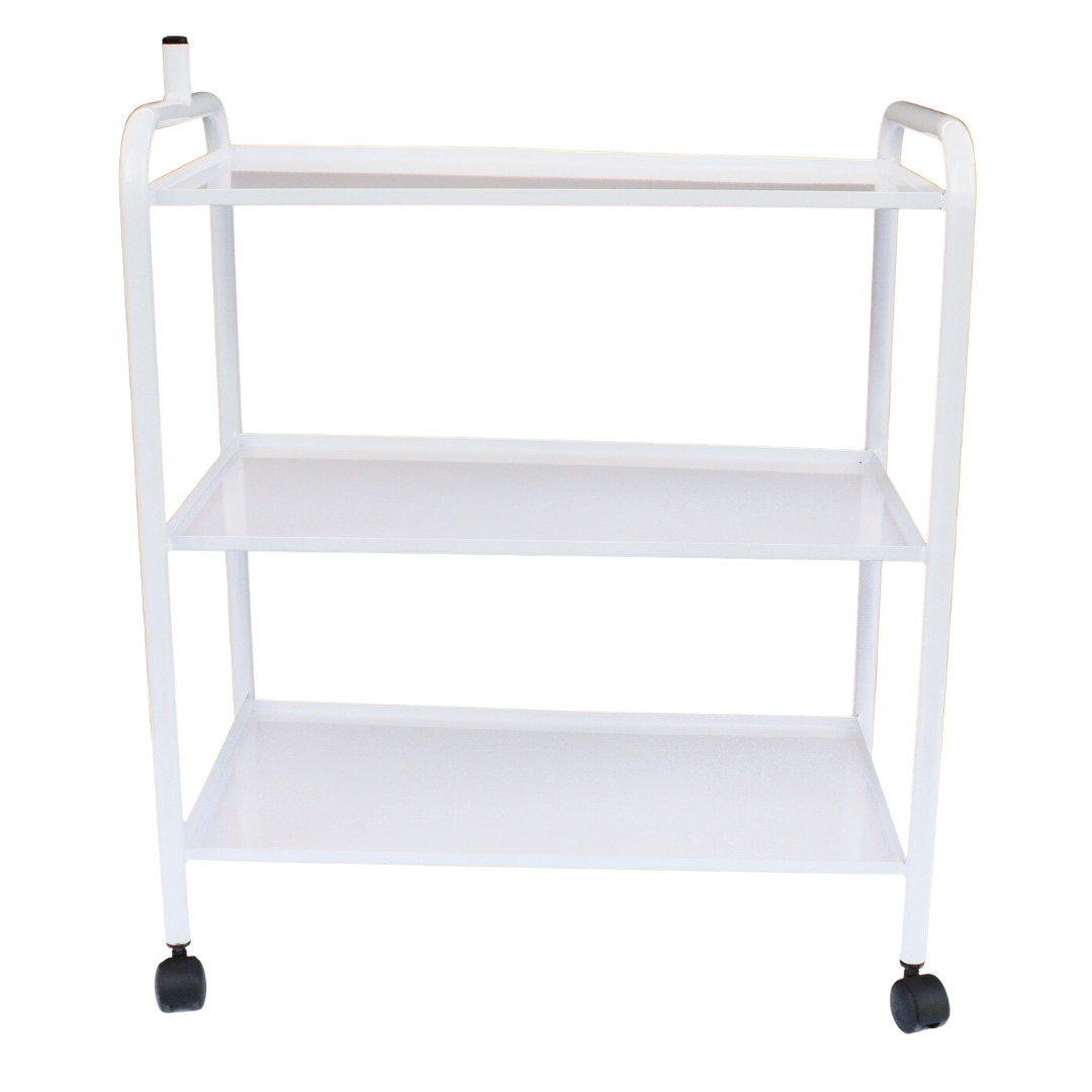 E001 Three Tier Large Salon or Spa Metal Trolley | A three-tier white metal rolling cart with black caster wheels and integrated side handles, shown against a plain white background.