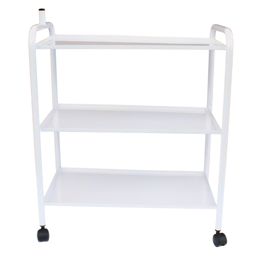 E001 Three Tier Large Salon or Spa Metal Trolley | A three-tier white metal rolling cart with black caster wheels and integrated side handles, shown against a plain white background.