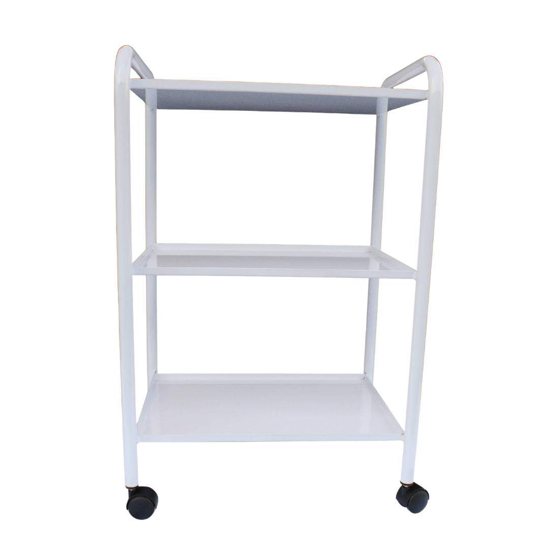 E001B Three Tier Small Spa Beauty Salon Metal Trolley | A three-tier white metal rolling cart with black caster wheels, shown against a plain white background.