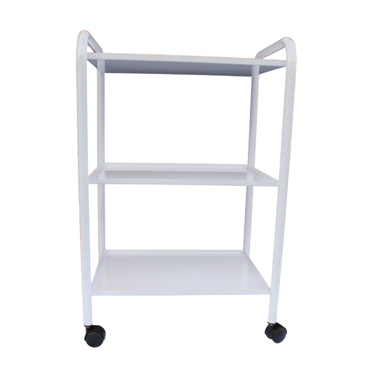 E001B Three Tier Small Spa Beauty Salon Metal Trolley | A three-tier white metal rolling cart with black caster wheels, shown against a plain white background.