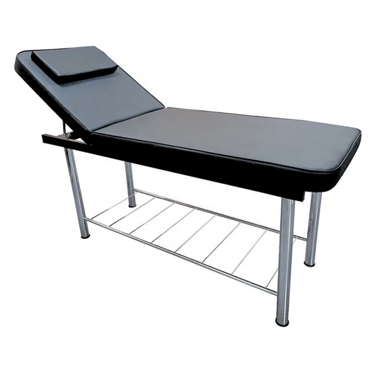 E002 Black Waxing Massage Salon Bed | Adjustable massage table with black padded surface and headrest, supported by a silver metal frame with a lower chrome shelf, shown on a plain white background.