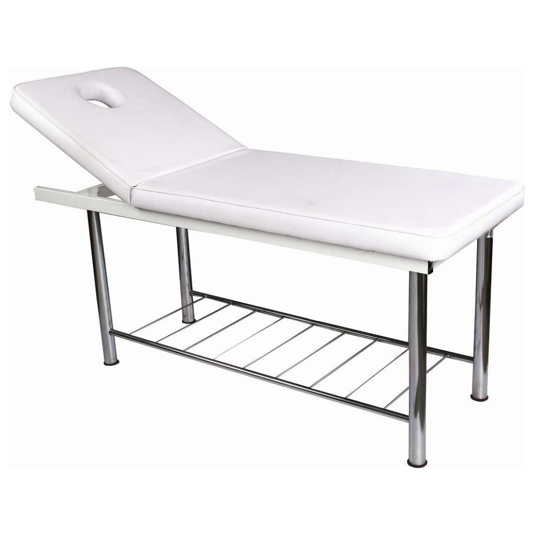 E002 White Massage Bed with Chrome Legs | White padded massage table with adjustable headrest, metal frame, and lower wire chrome shelf on a plain white background.