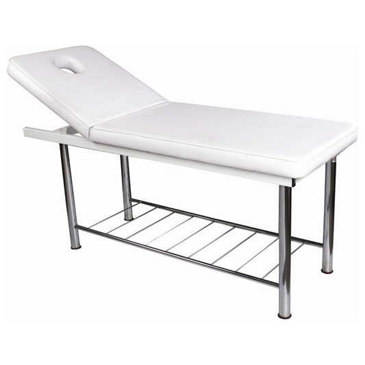 E002 White Massage Bed with Chrome Legs | White padded massage table with adjustable headrest, metal frame, and lower wire chrome shelf on a plain white background.