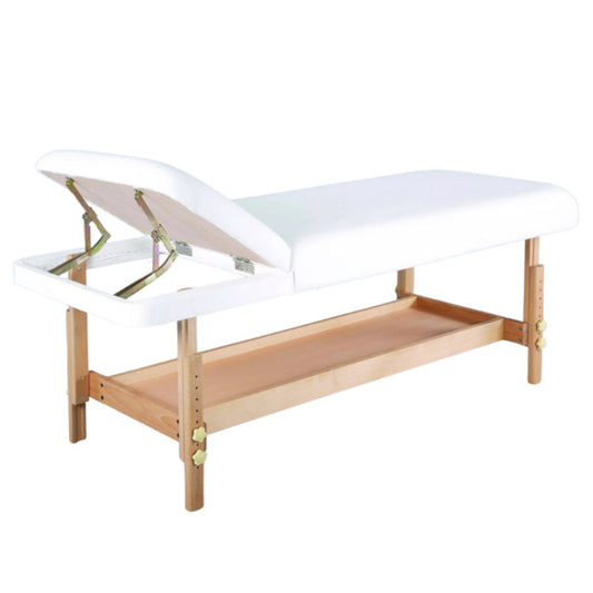 E004A White Salon Massage Bed with Wooden frame and Height Adjustable | Massage table with white surface and wooden frame on a white background