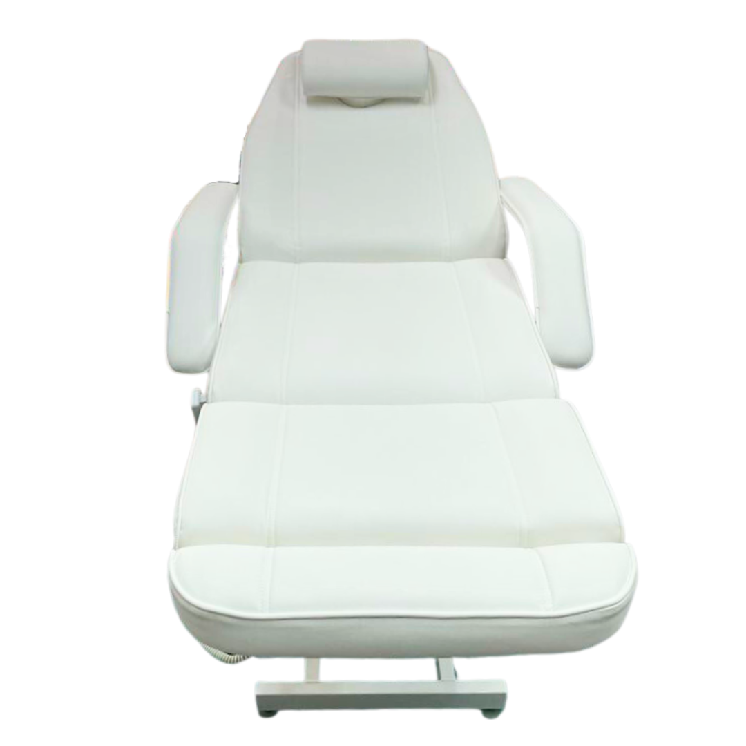 E005F Hydraulic Bed Chair | White Vinyl Massage Chair with arm rest and cushion, electrical foot switch to adjust and transform into massage bed.