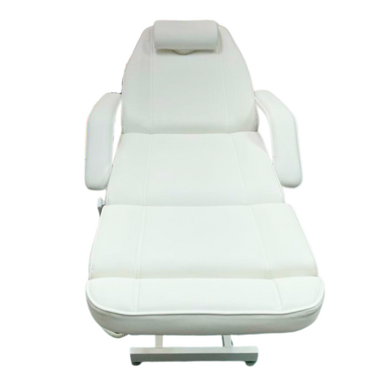 E005F Hydraulic Bed Chair | White Vinyl Massage Chair with arm rest and cushion, electrical foot switch to adjust and transform into massage bed.