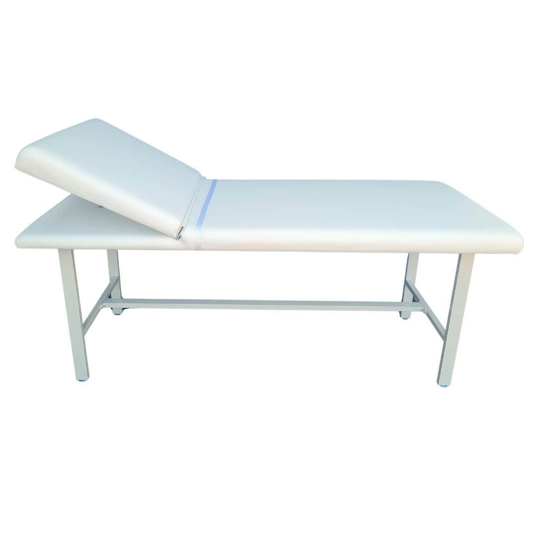 E005RW White Steel Salon Massage Bed | A white padded examination or massage table with a tilted headrest and a slim metal frame, shown on a plain white background.
