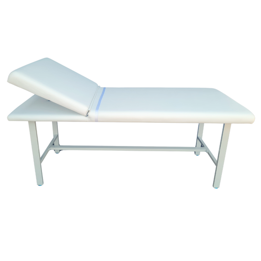 E005RW White Steel Salon Massage Bed | A white padded examination or massage table with a tilted headrest and a slim metal frame, shown on a plain white background.