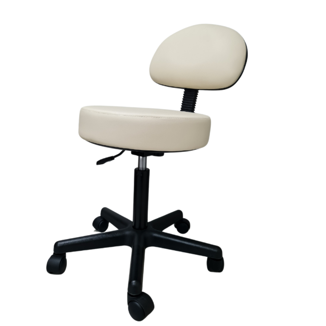A beige PVC leather therapist manicure stool with backrest with a five-star nylon-base and gas lift mechanism, featuring a black frame and castors for mobility.
