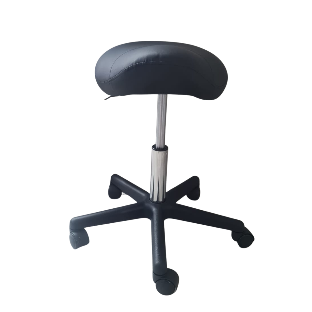 A black nail salon stool with a contoured seat, adjustable silver metal column, and five-star wheeled base on a plain white background.