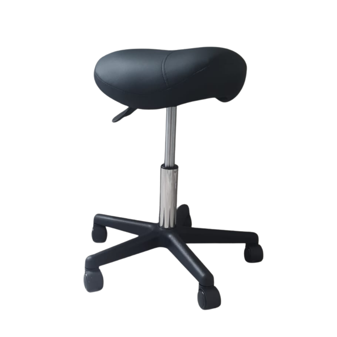 A black saddle-style spa or beauty salon stool with a padded seat, adjustable silver metal column, and five-wheel base on a plain white background.