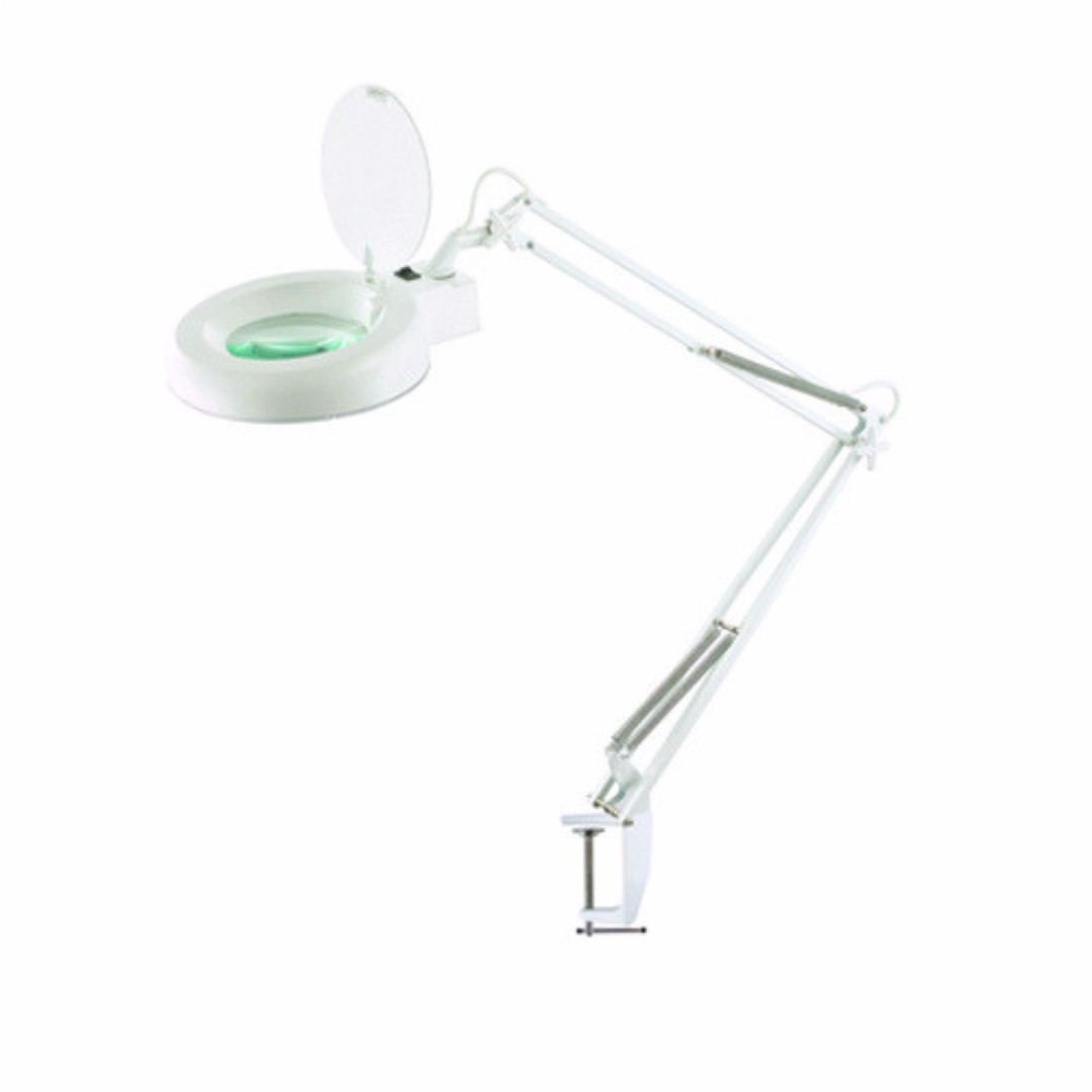 E012 Large White Magnifying Lamp | A white adjustable magnifying lamp with an open viewing head and a flat surface clamp mount, shown on a plain white background.