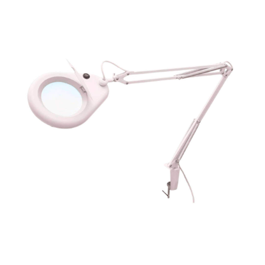E012C Magnifying Lamp | A white adjustable magnifying lamp with a circular magnifying lens, flexible articulated arm, and table clamp attachment, shown on a plain white background.