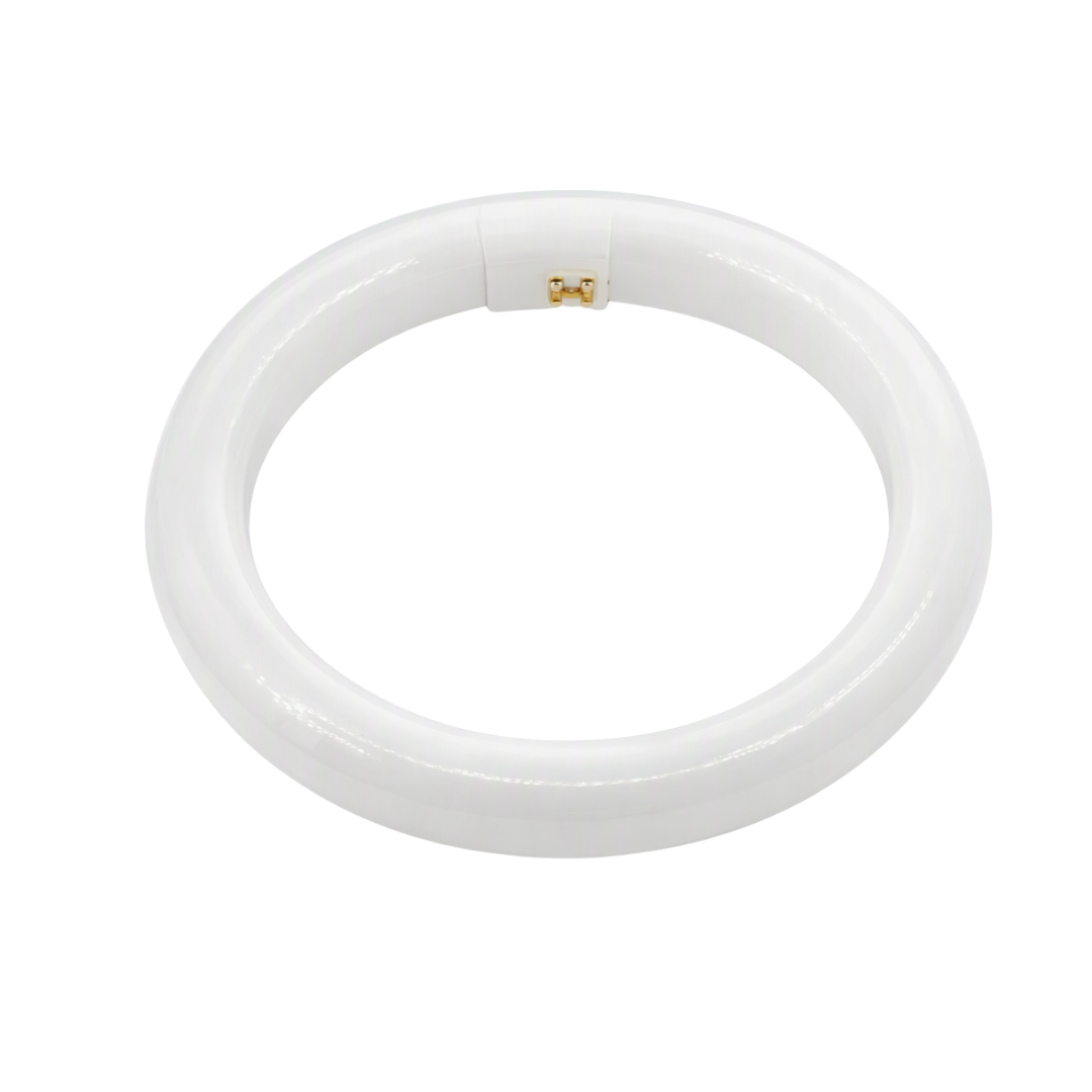 A white CFL replacement light tube with a small gold-colored metal contact point, shown on a solid white background.