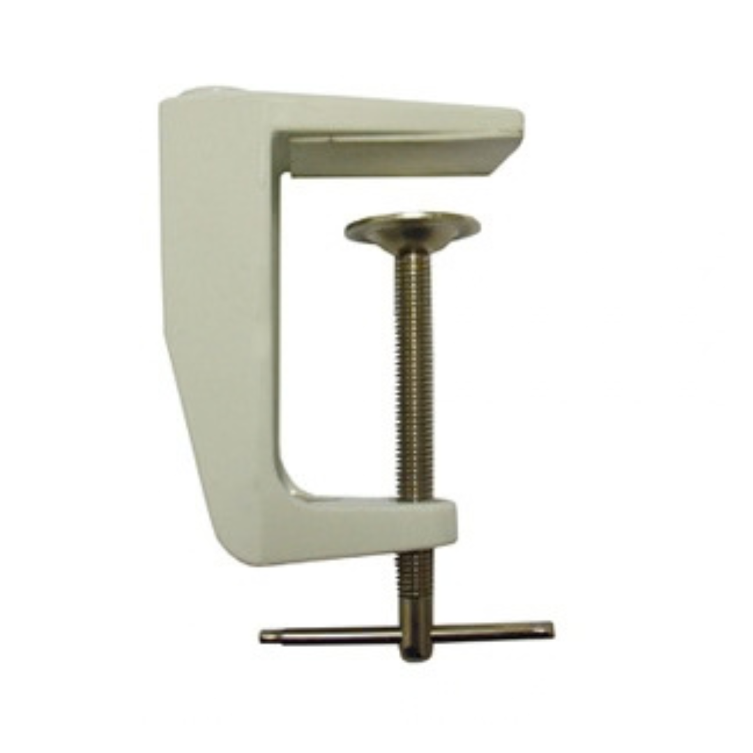 A white plastic C-clamp with a brass-colored threaded screw and T-handle, isolated on a white background.