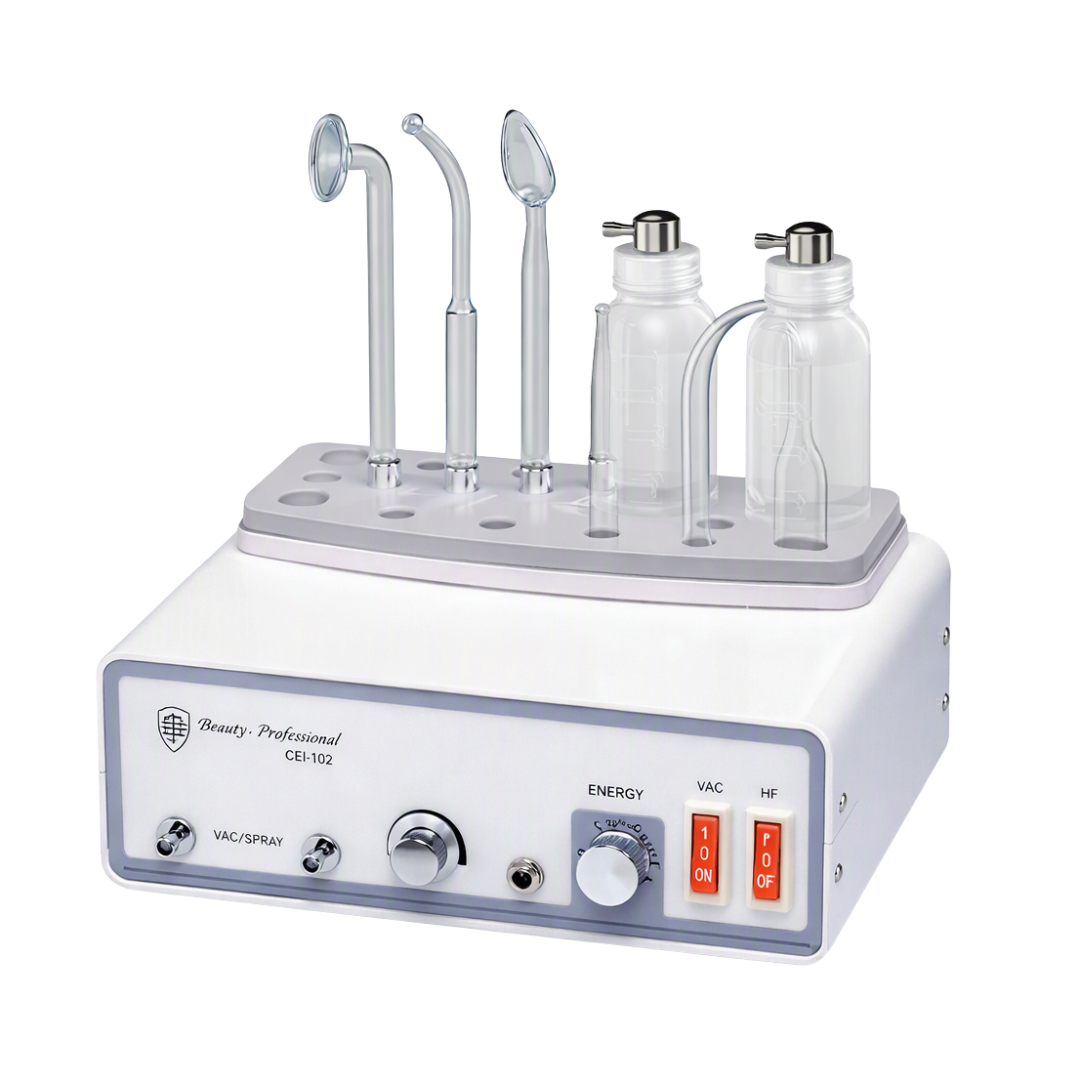 Beauty Professional DE-1502 facial cleansing device with three silver metal facial tools, two clear glass bottles, and a white and gray control base with red power switches.