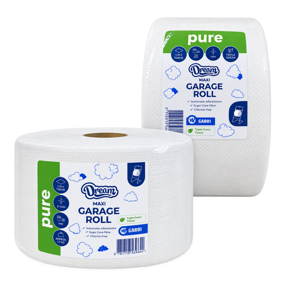 Two rolls of Dream Maxi Garage Roll paper towels on a clean white background, with one roll in front and another behind it.