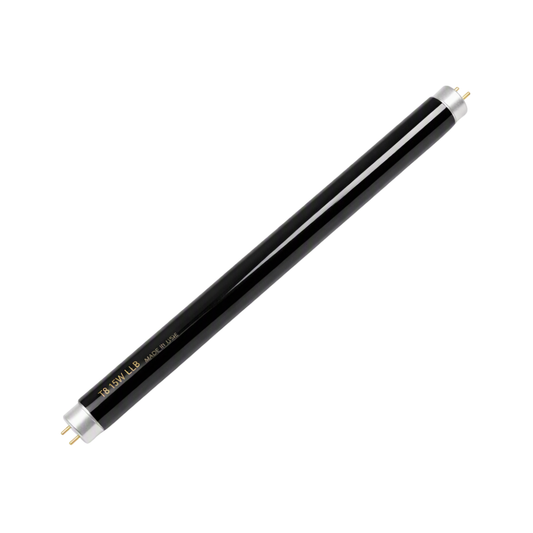 A 18W cool white LED tube light with a glossy black body, silver metal end caps, and gold-plated pins, shown diagonally on a plain white background.