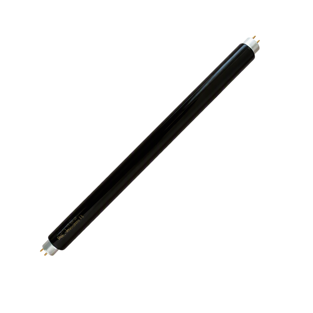 A black glass UV light tube, also known as a mercury vapor lamp, shown diagonally on a plain white background. It features white ceramic end caps with gold pins.