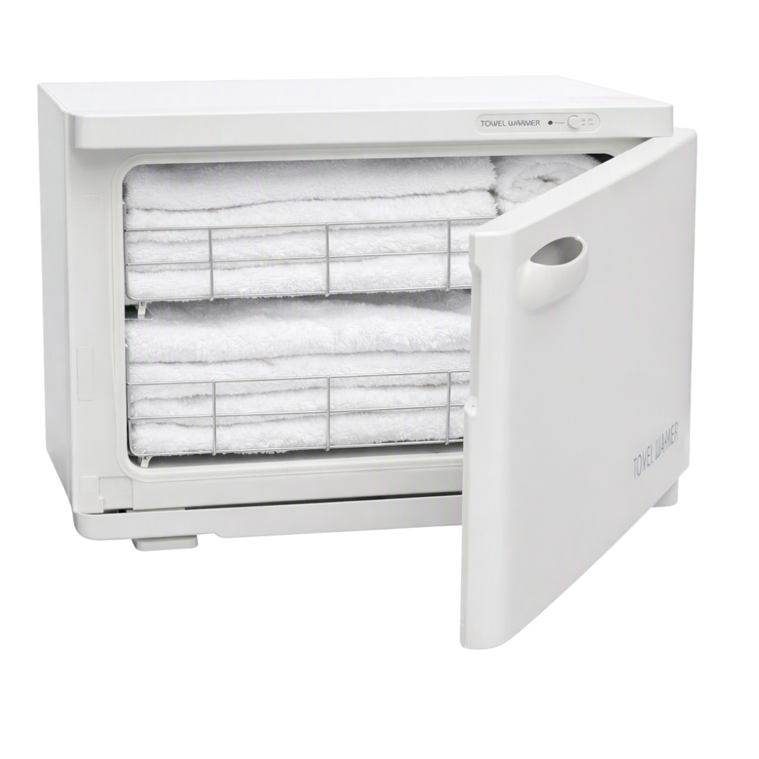 E061 Single Hot Towel Cabinet | Close-up of the interior of a white Hot Towel Cabinet with white towels placed on the 2 metal racks