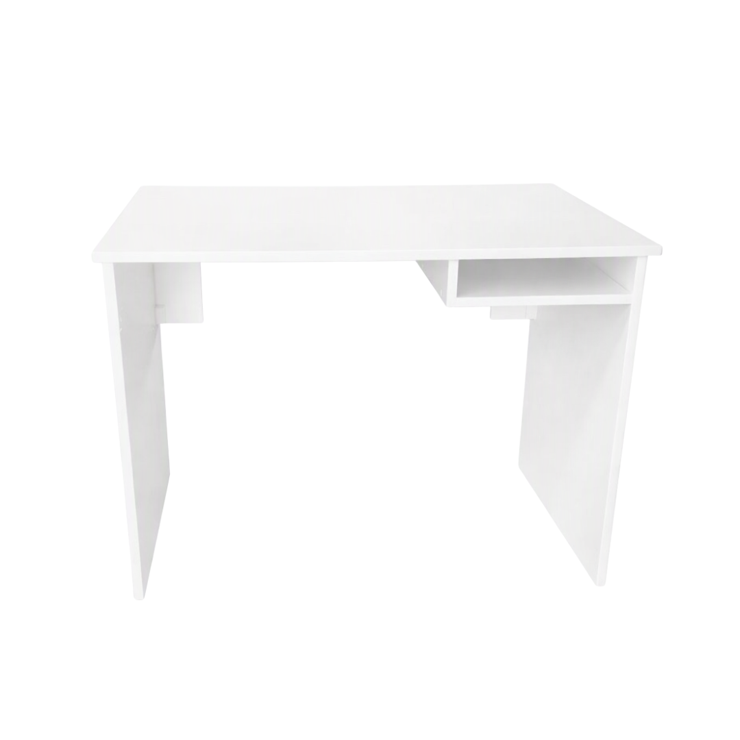 White rectangular manicure table with a closed drawer on one side and open slots on the other, with a clean and simple design.