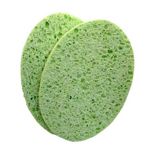 F001C Body Wash Sponges Pair for removal of body scrub and mud wraps | Two round green body sponges with a porous sponge texture, overlapping on a solid white background.