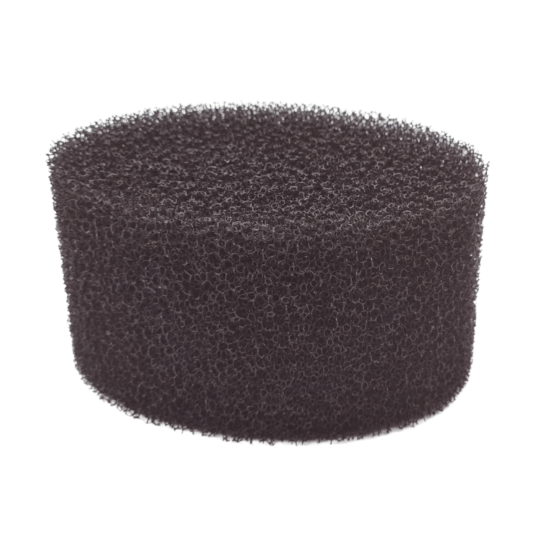 Black cylindrical exfoliating foam sponge on a white background