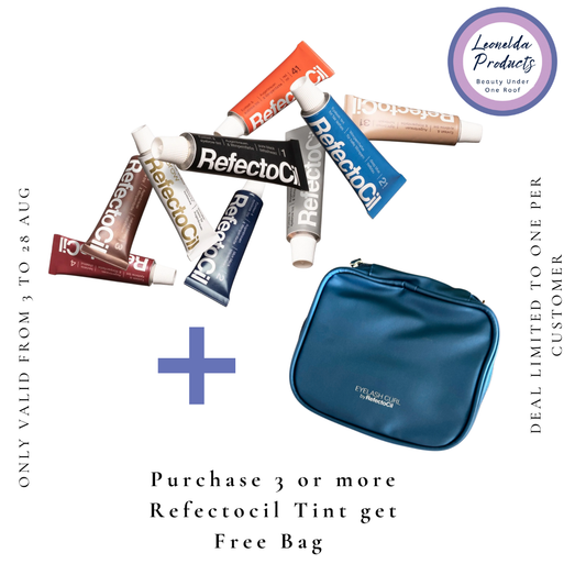 A promotional graphic for Leonelda Products showing several Refectocil makeup tint tubes in different colors arranged above a blue zippered carrying bag, with a blue plus sign between them and sale text around the composition.