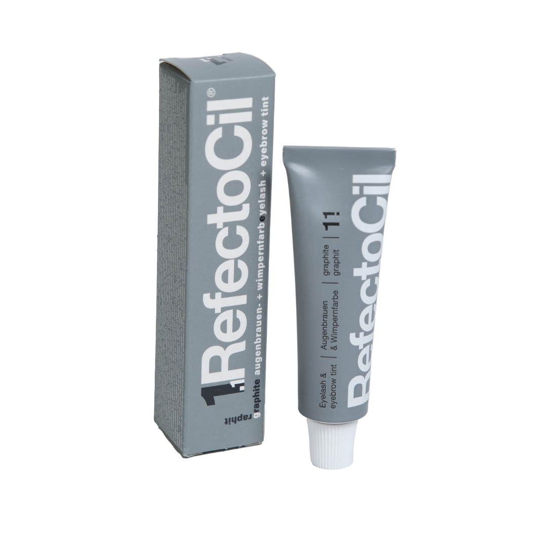 F003C Refectocil Graphite Eyelash and Brow Tint |A gray tube and matching box of RefectoCil Graphite Eyebrow and eyelash tint, shown on a plain white background.
