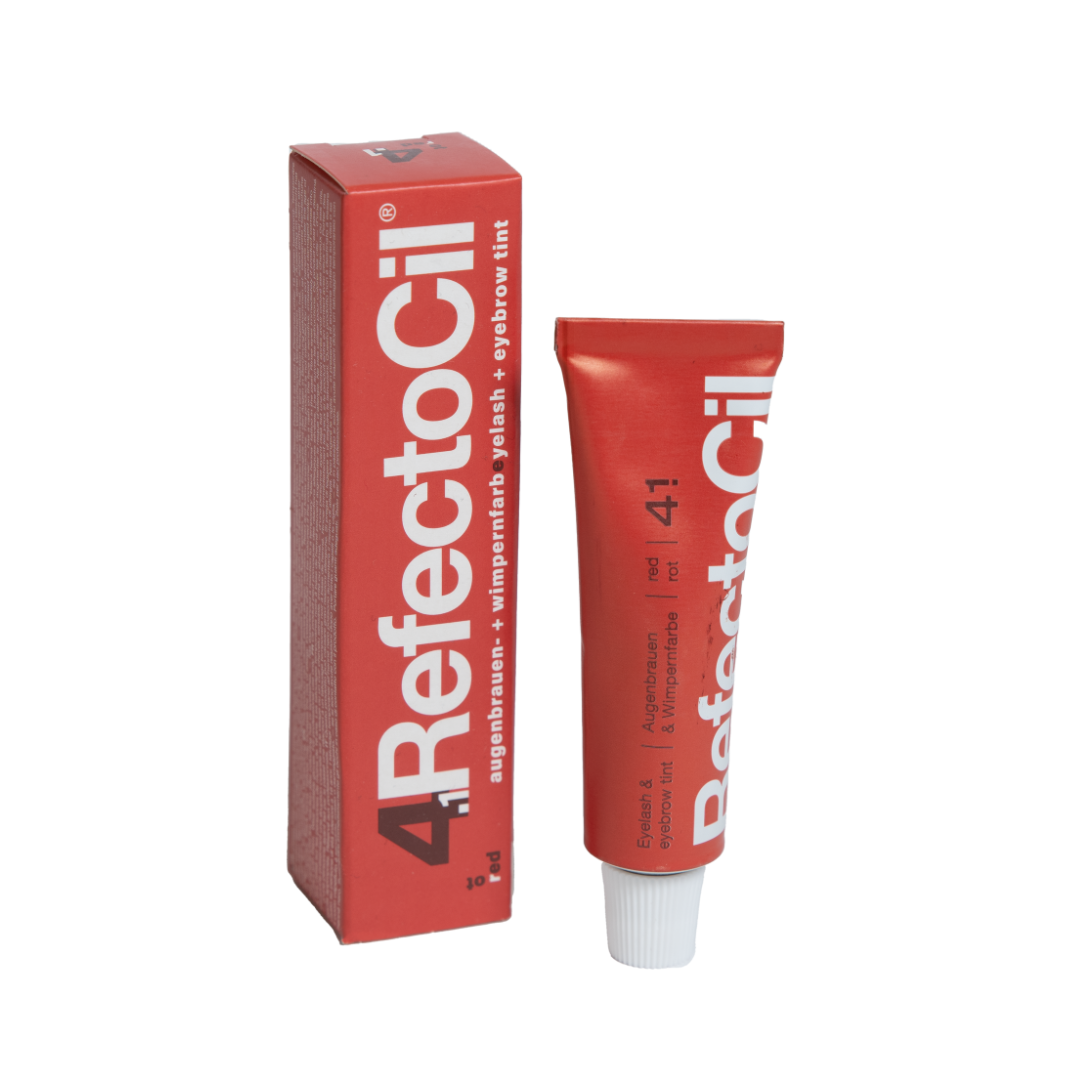 F003D Refectocil Red Eyelash and Brow Tint | A red tube and matching red box of  Refectocil eyelash and brow, shown on a plain white background.